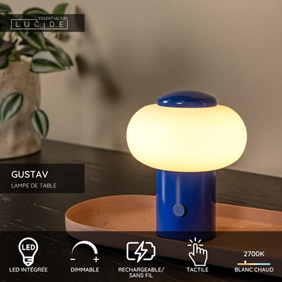 Lucide GUSTAV - Lampe de table Rechargeable - Batterie/Piles - Ø 8 cm - LED Dim. - 1x0,8W 2700K - Bleu | Essential